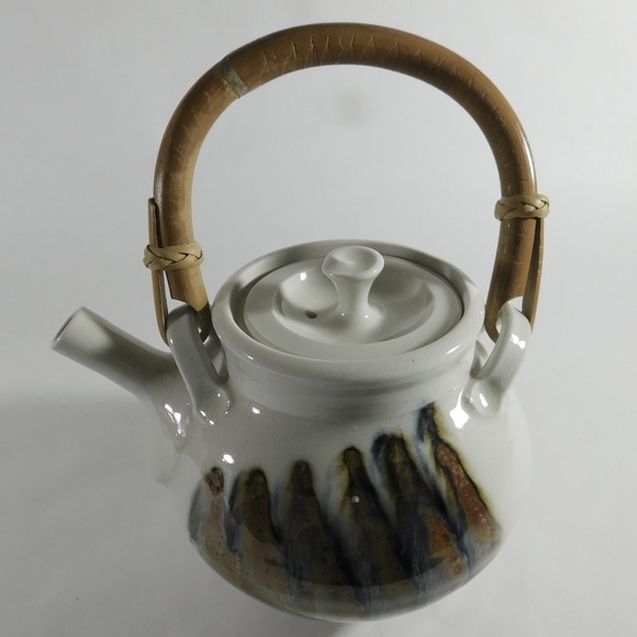Studio Pottery Bamboo Handle RaKu Stoneware Teapot Signed - Picture 2 of 11